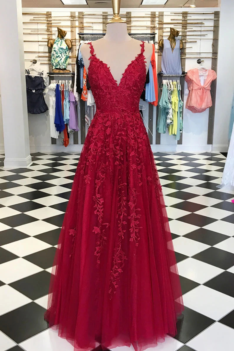 Lace Burgundy Formal Prom Dresses Long Tulle V Neck Evening Gowns