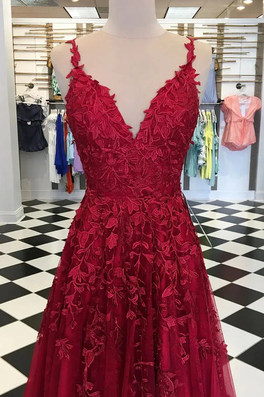 Lace Burgundy Formal Prom Dresses Long Tulle V Neck Evening Gowns