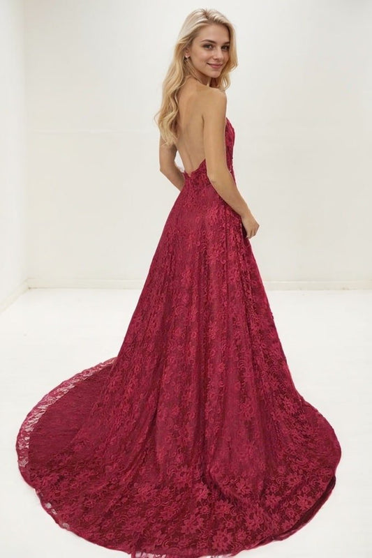 Lace Burgundy Prom Dress with Split Princess Halter Long Evening Gowns