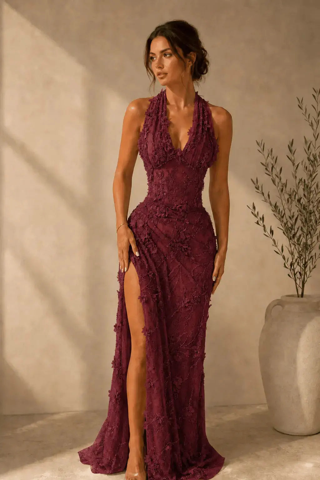 Sheath/Column Dreamy Lace 3D Floral Halter Formal Dress With Slit KAIDRESS