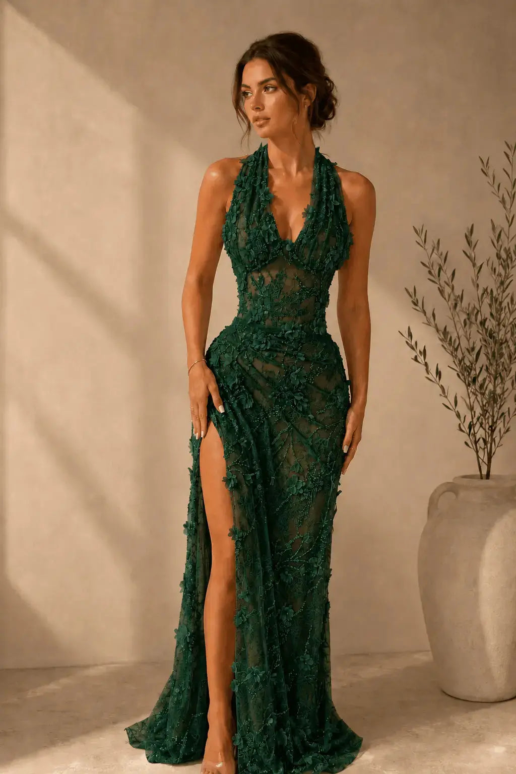 Sheath/Column Dreamy Lace 3D Floral Halter Formal Dress With Slit KAIDRESS