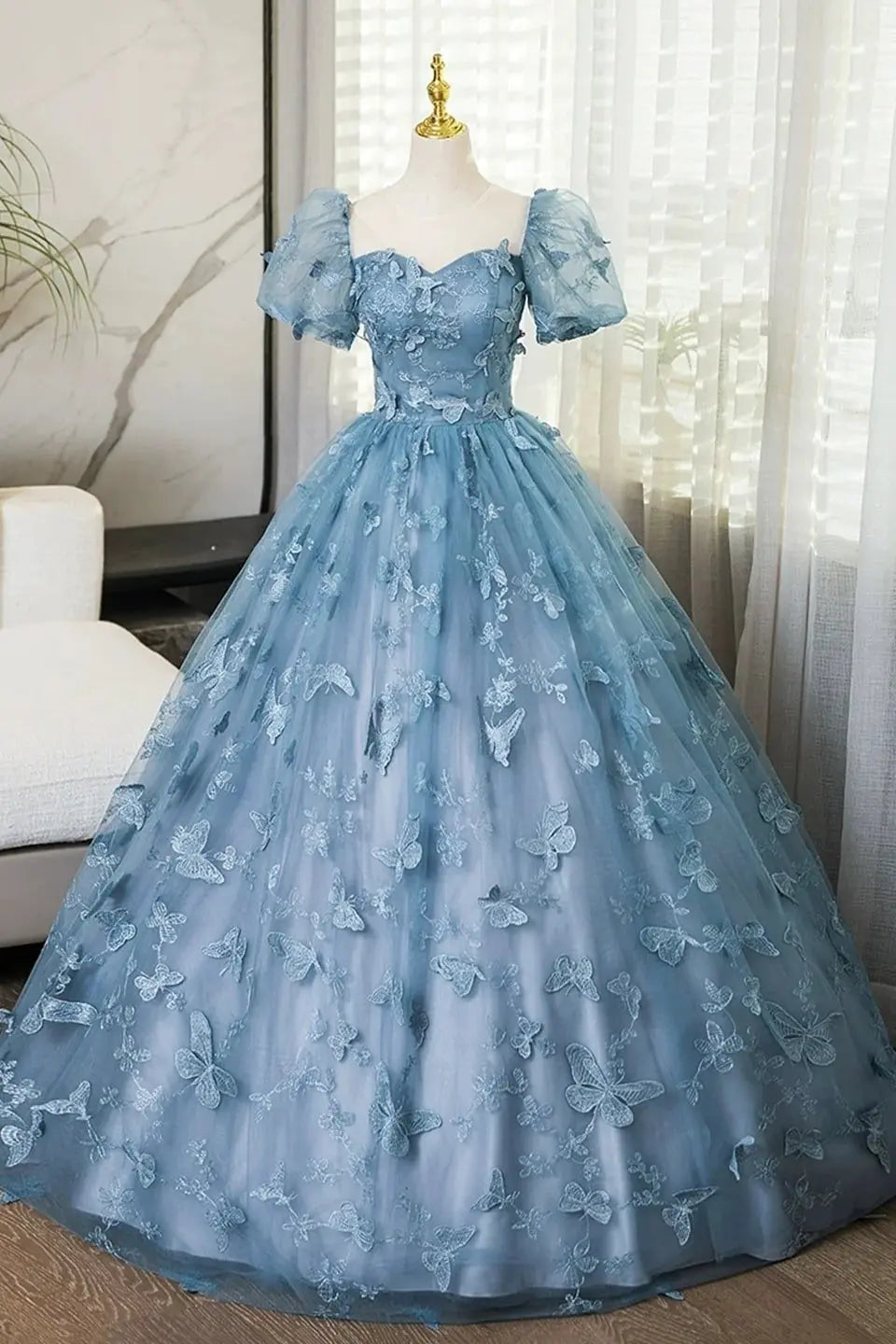 Lace Dusty Blue Butterfly Prom Dresses with Sleeves Long Evening Gowns
