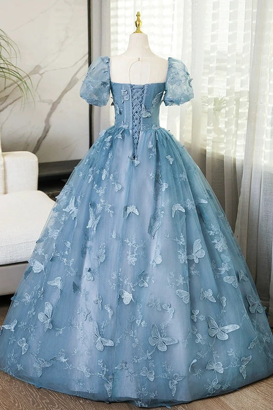 Lace Dusty Blue Butterfly Prom Dresses with Sleeves Long Evening Gowns