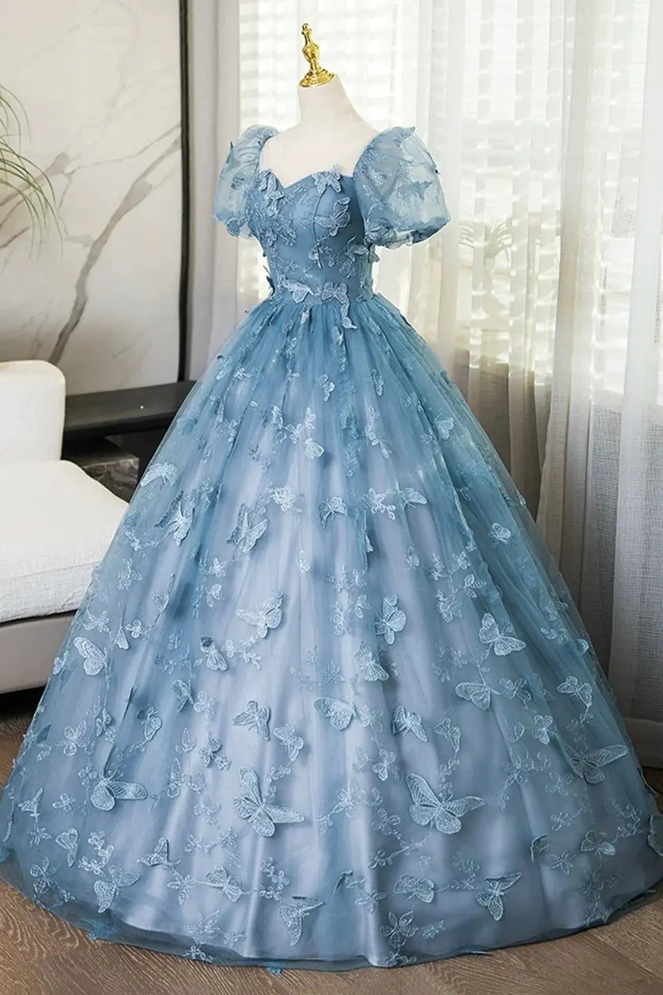 Lace Dusty Blue Butterfly Prom Dresses with Sleeves Long Evening Gowns