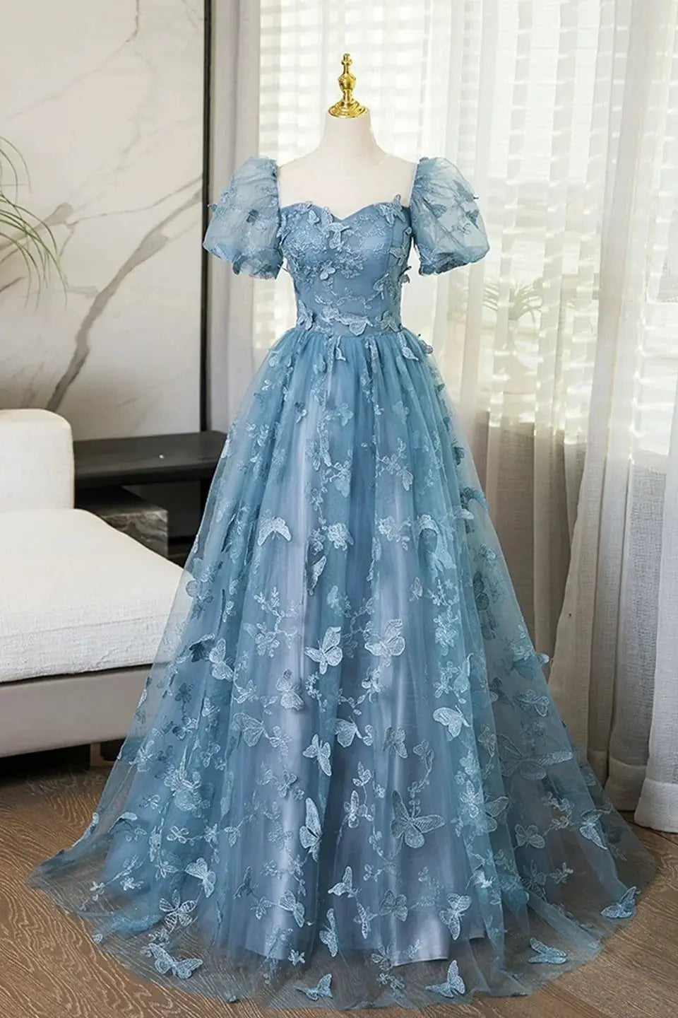 Lace Dusty Blue Butterfly Prom Dresses with Sleeves Long Evening Gowns