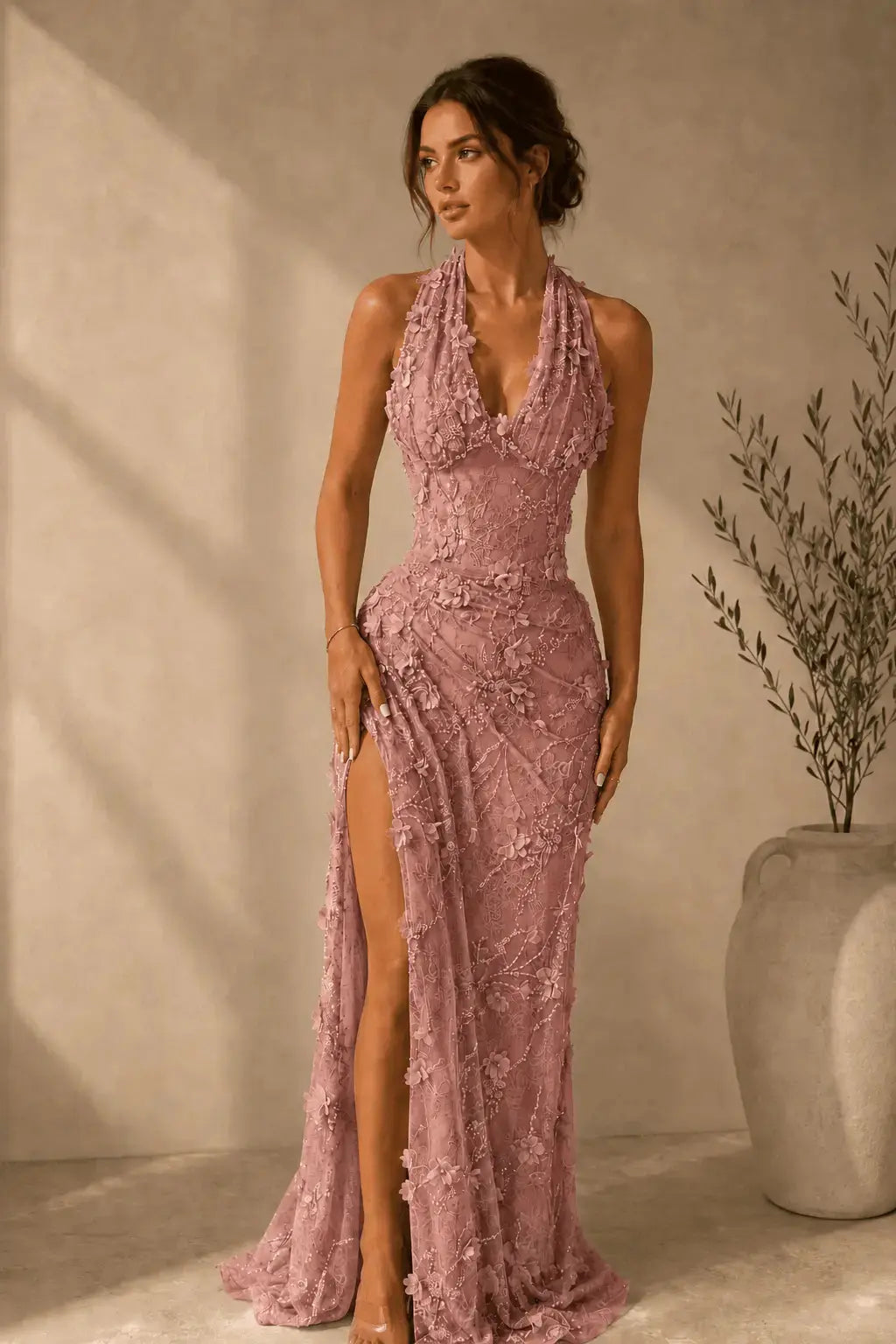 Sheath/Column Dreamy Lace 3D Floral Halter Formal Dress With Slit KAIDRESS