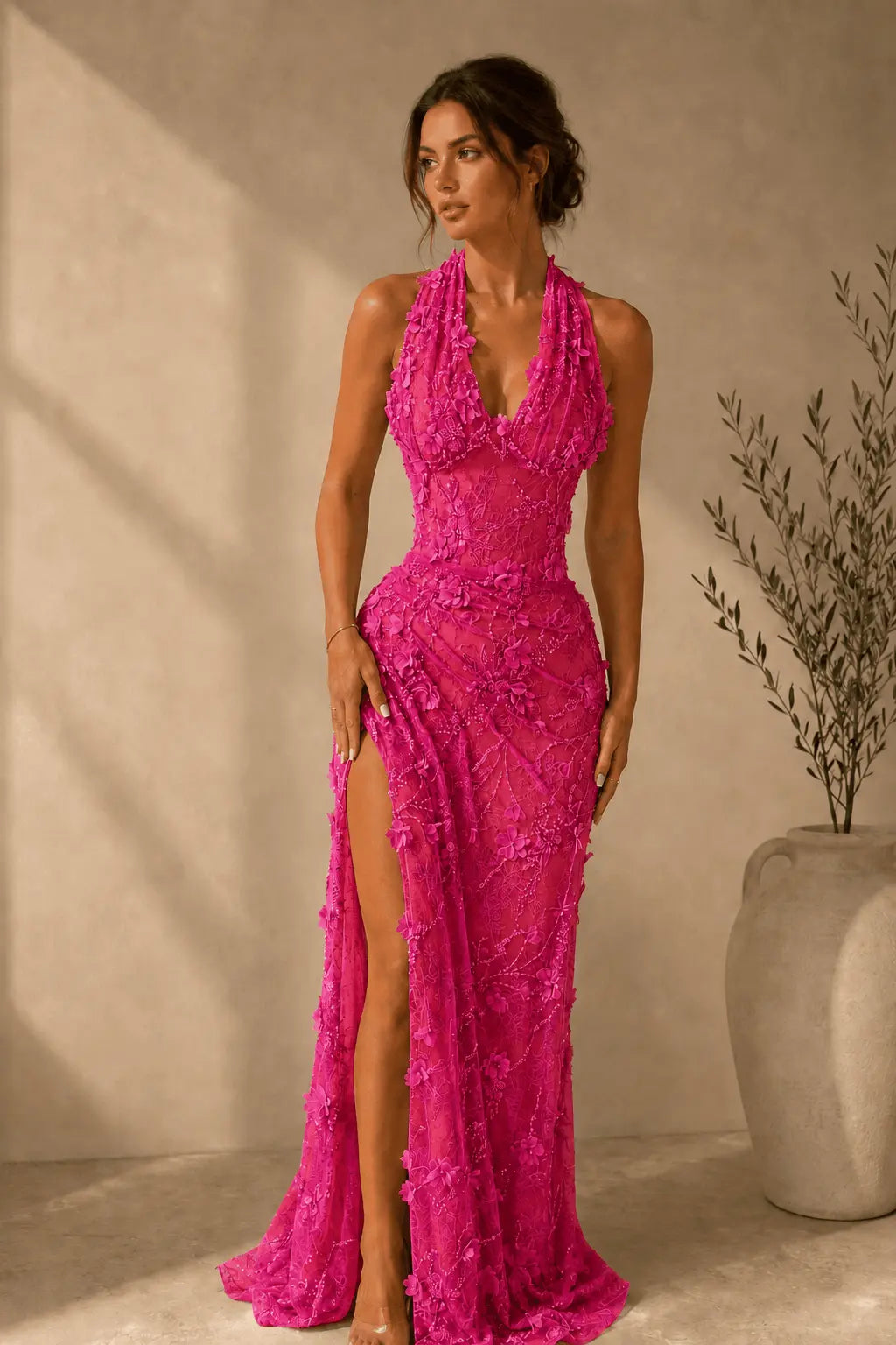 Sheath/Column Dreamy Lace 3D Floral Halter Formal Dress With Slit KAIDRESS