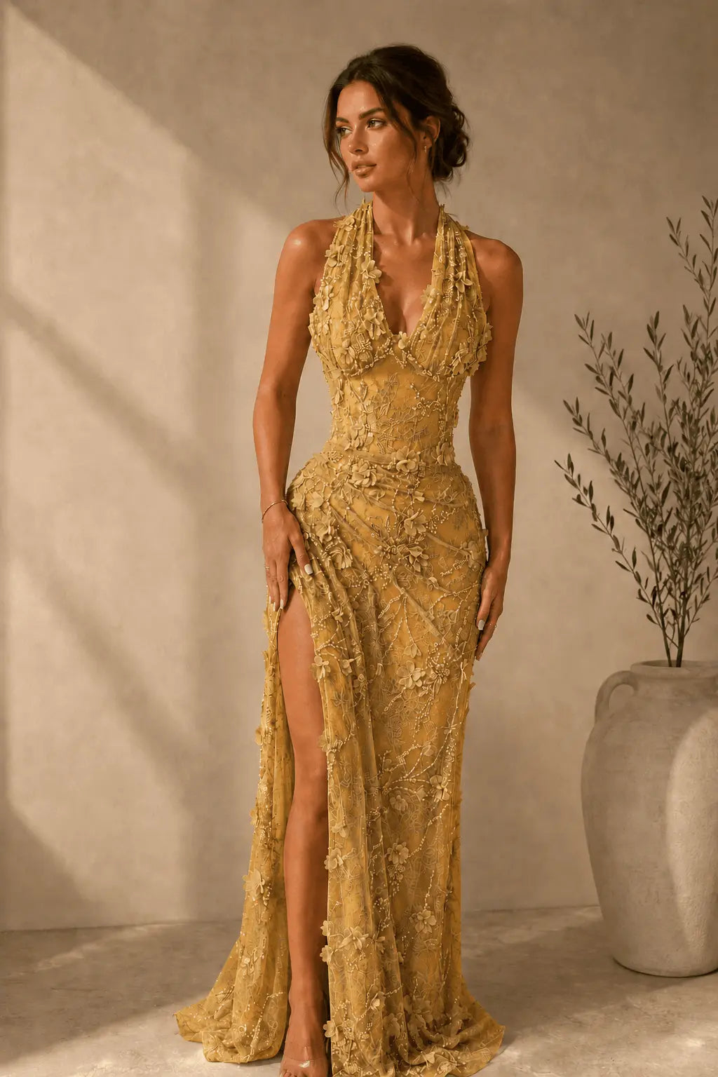 Sheath/Column Dreamy Lace 3D Floral Halter Formal Dress With Slit KAIDRESS
