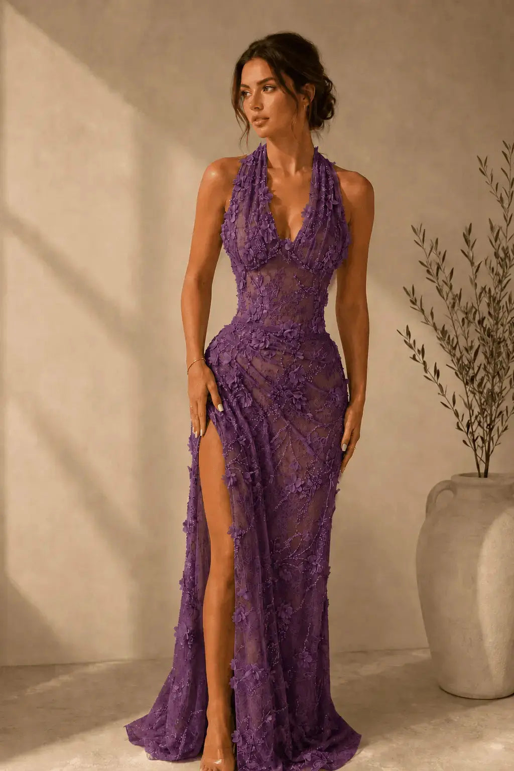 Sheath/Column Dreamy Lace 3D Floral Halter Formal Dress With Slit KAIDRESS