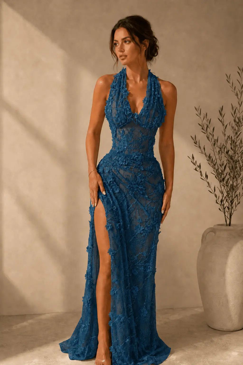 Sheath/Column Dreamy Lace 3D Floral Halter Formal Dress With Slit KAIDRESS
