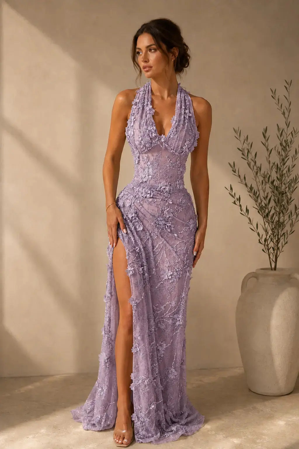 Sheath/Column Dreamy Lace 3D Floral Halter Formal Dress With Slit KAIDRESS