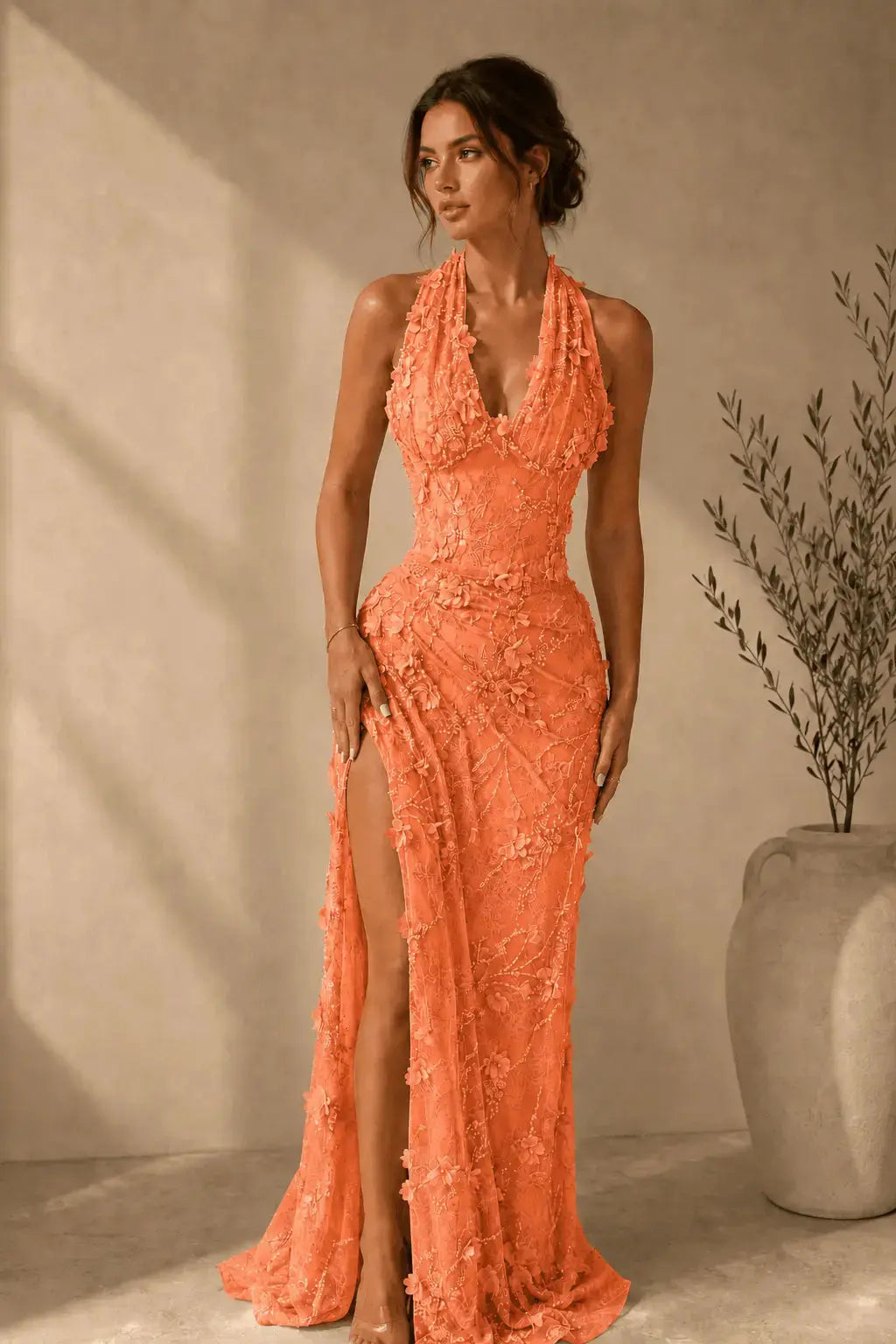 Sheath/Column Dreamy Lace 3D Floral Halter Formal Dress With Slit KAIDRESS