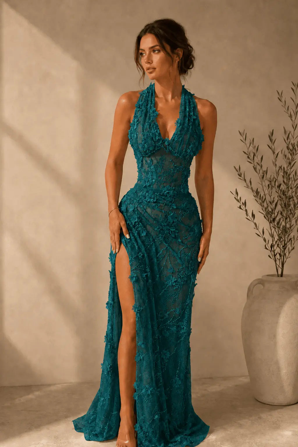 Sheath/Column Dreamy Lace 3D Floral Halter Formal Dress With Slit KAIDRESS