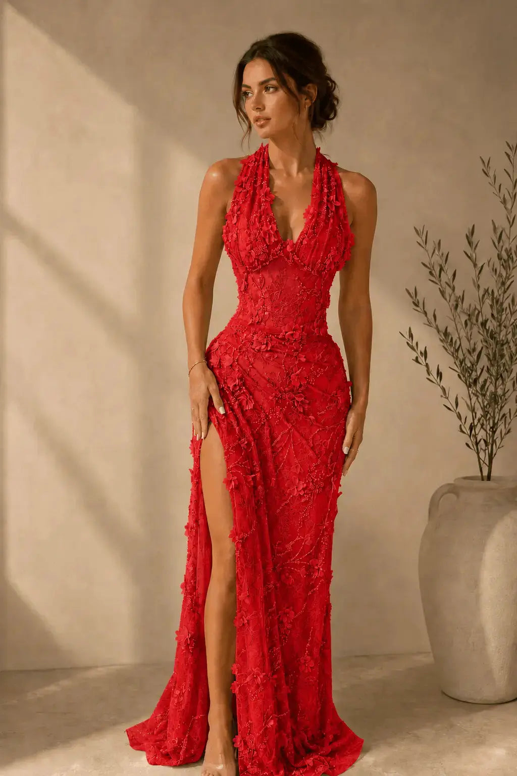 Sheath/Column Dreamy Lace 3D Floral Halter Formal Dress With Slit KAIDRESS