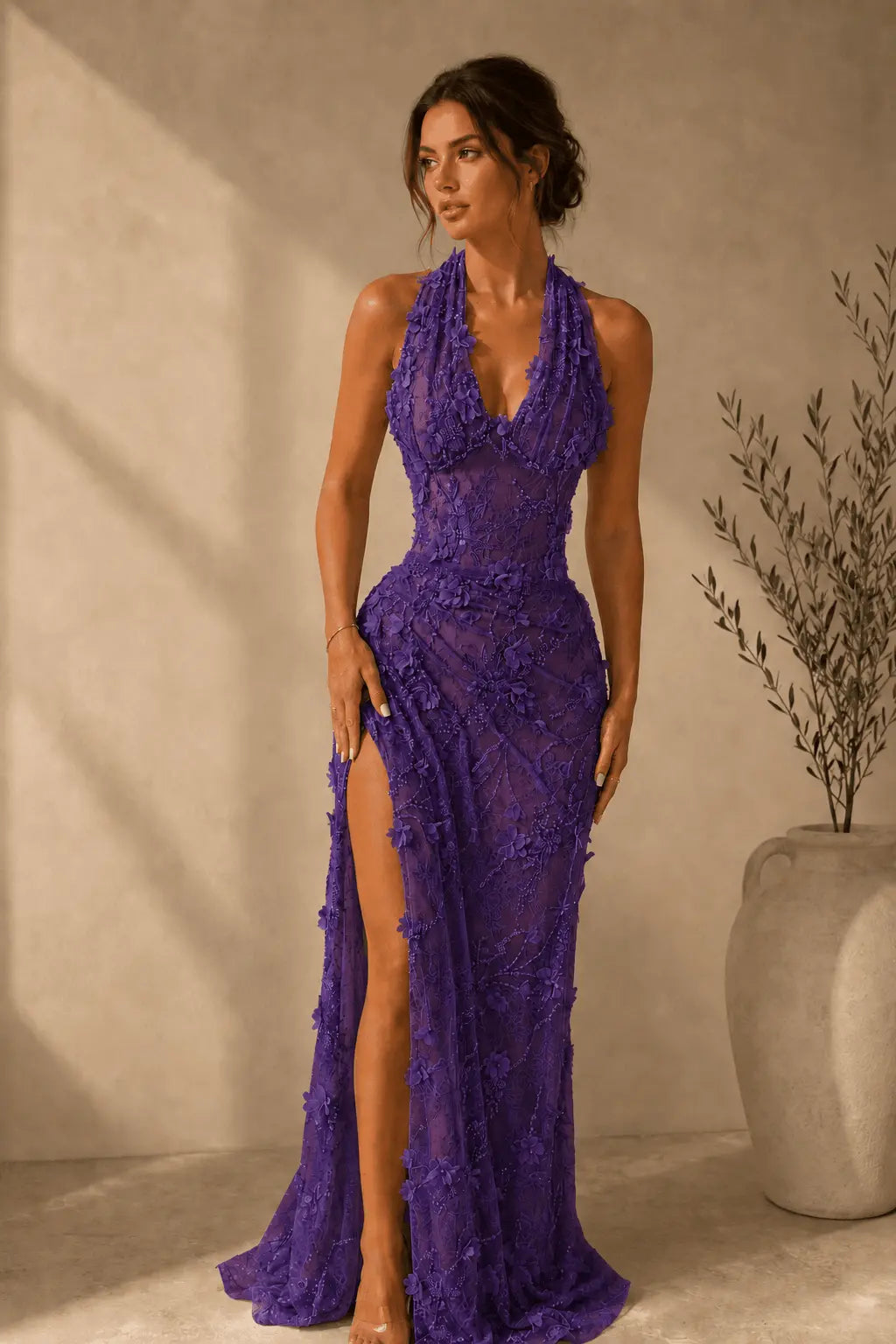 Sheath/Column Dreamy Lace 3D Floral Halter Formal Dress With Slit KAIDRESS