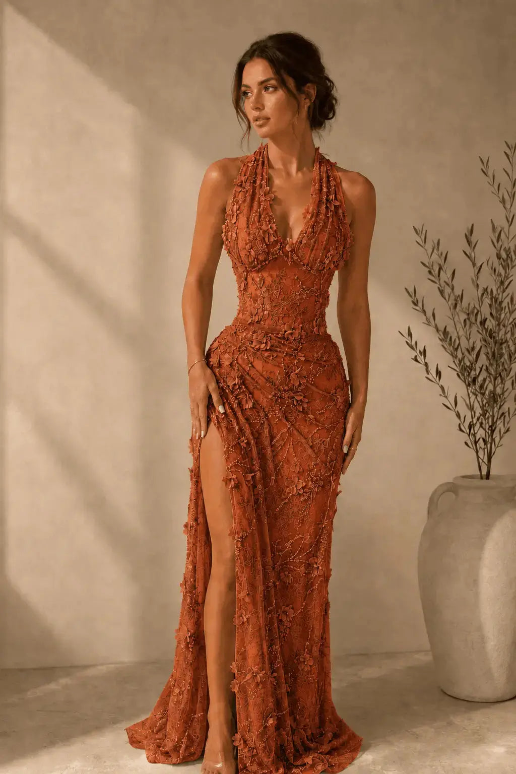 Sheath/Column Dreamy Lace 3D Floral Halter Formal Dress With Slit KAIDRESS