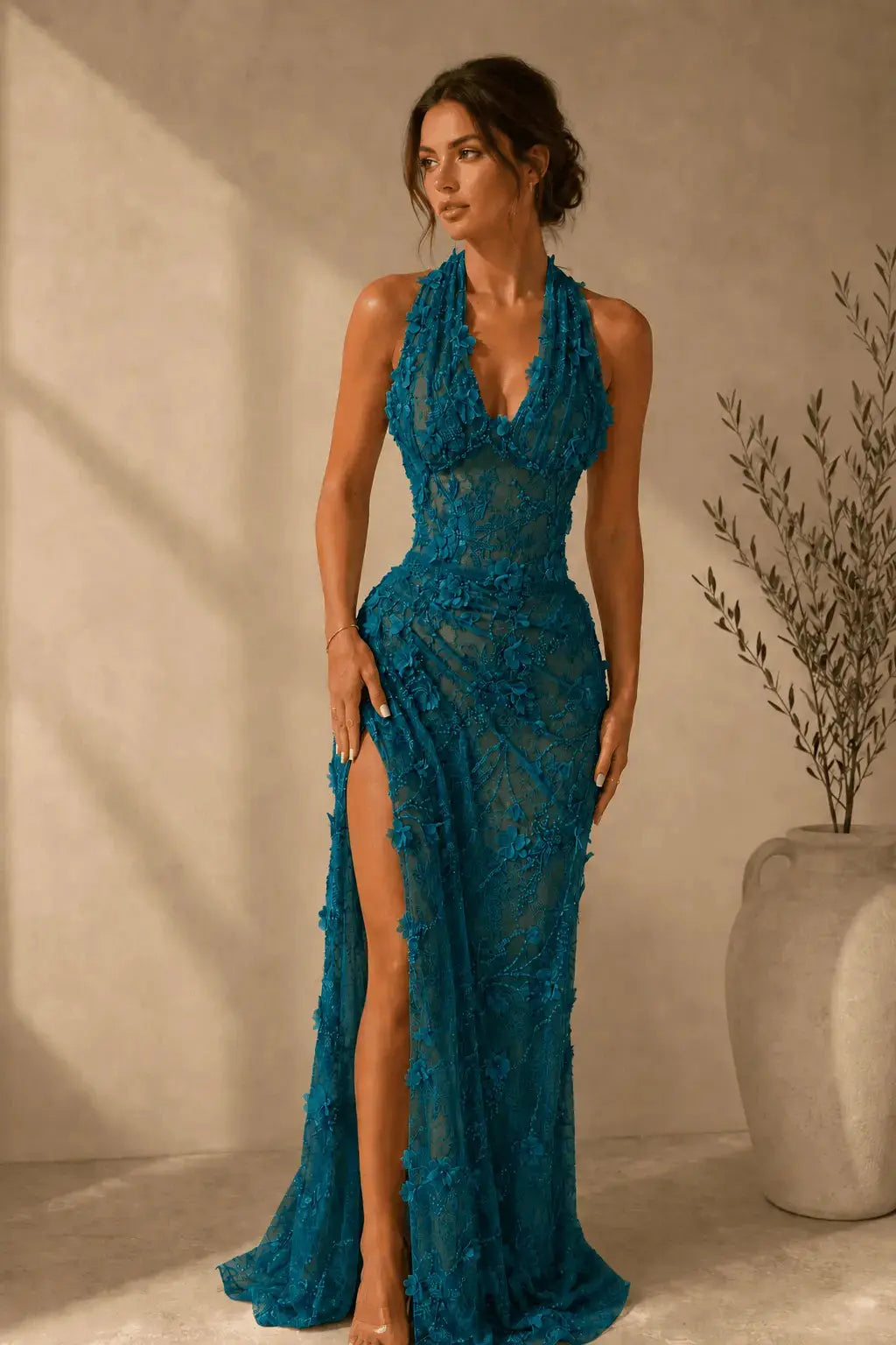 Sheath/Column Dreamy Lace 3D Floral Halter Formal Dress With Slit KAIDRESS