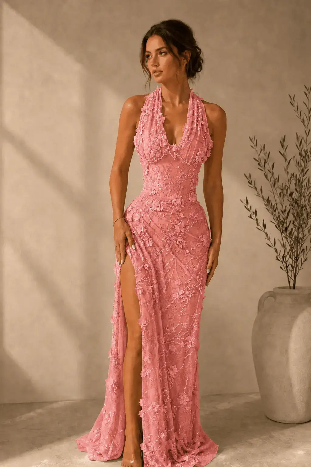 Sheath/Column Dreamy Lace 3D Floral Halter Formal Dress With Slit KAIDRESS