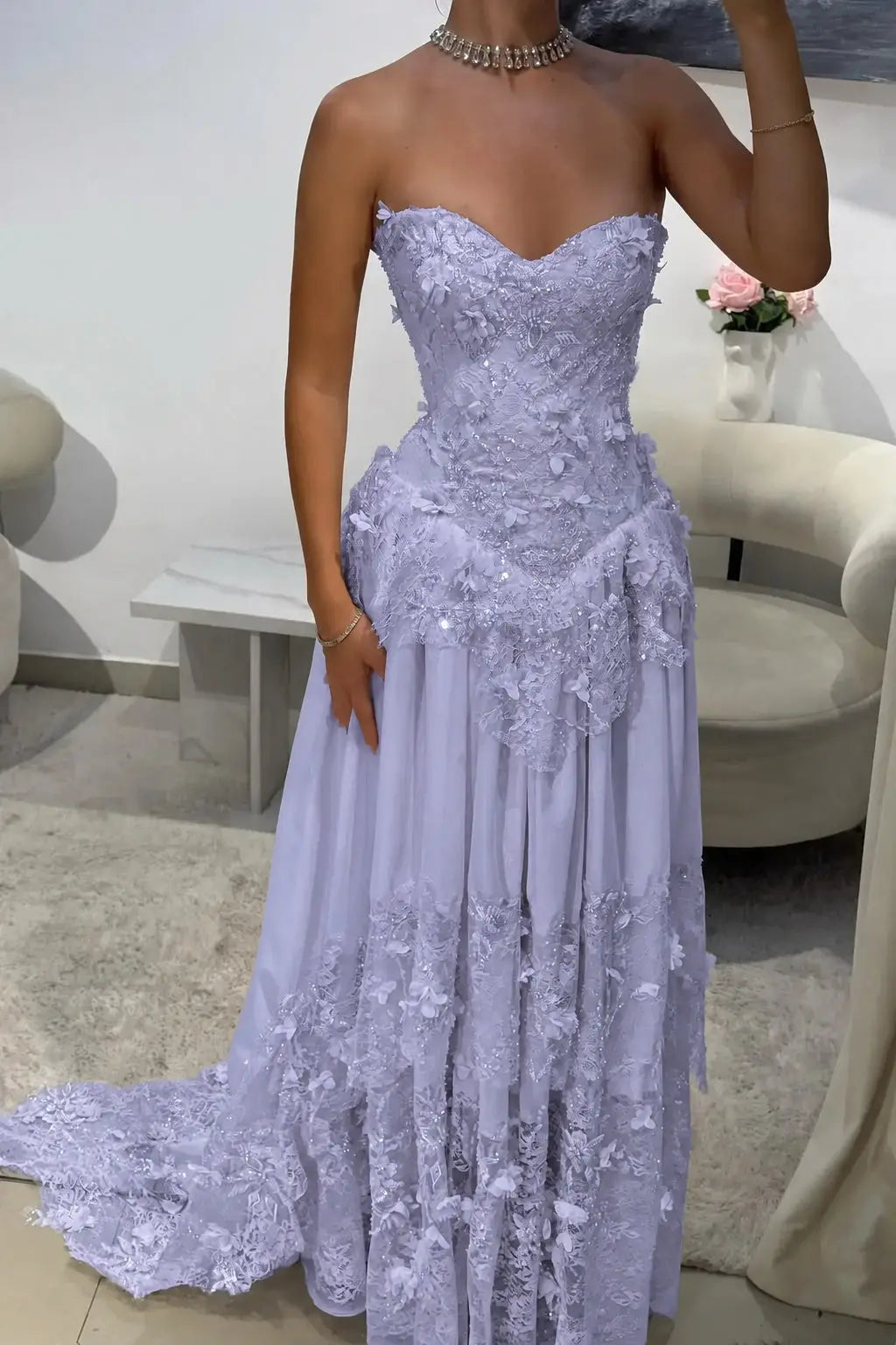 Dreamy Yellow 3D Floral Applique Sweetheart Corset Prom Dress