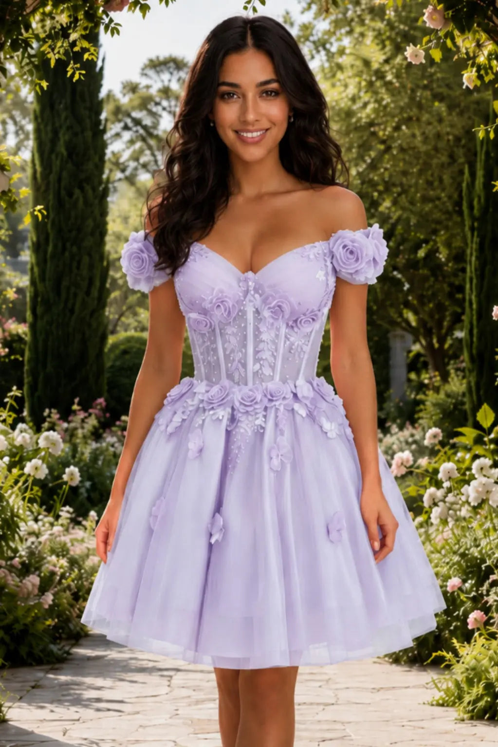A-line Off-the-Shoulder Tulle Short/Mini Homecoming Dress with Appliqued Flowers Sequins KAIDRESS