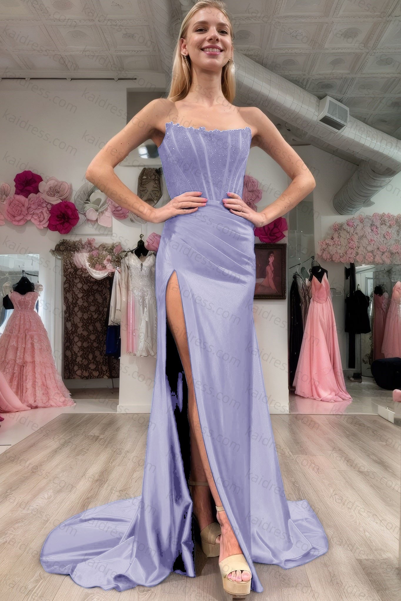 Sheath/Column Elastic Woven Satin Ruched Off-the-Shoulder Sleeveless Sweep/Brush Train Prom Dresses
