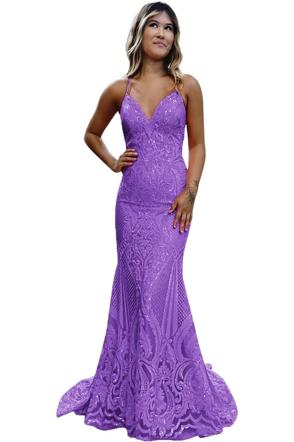 Trumpet/Mermaid V Neck Sleeveless Sweep Train Allover Sparkly Sequined Lace Prom Dress