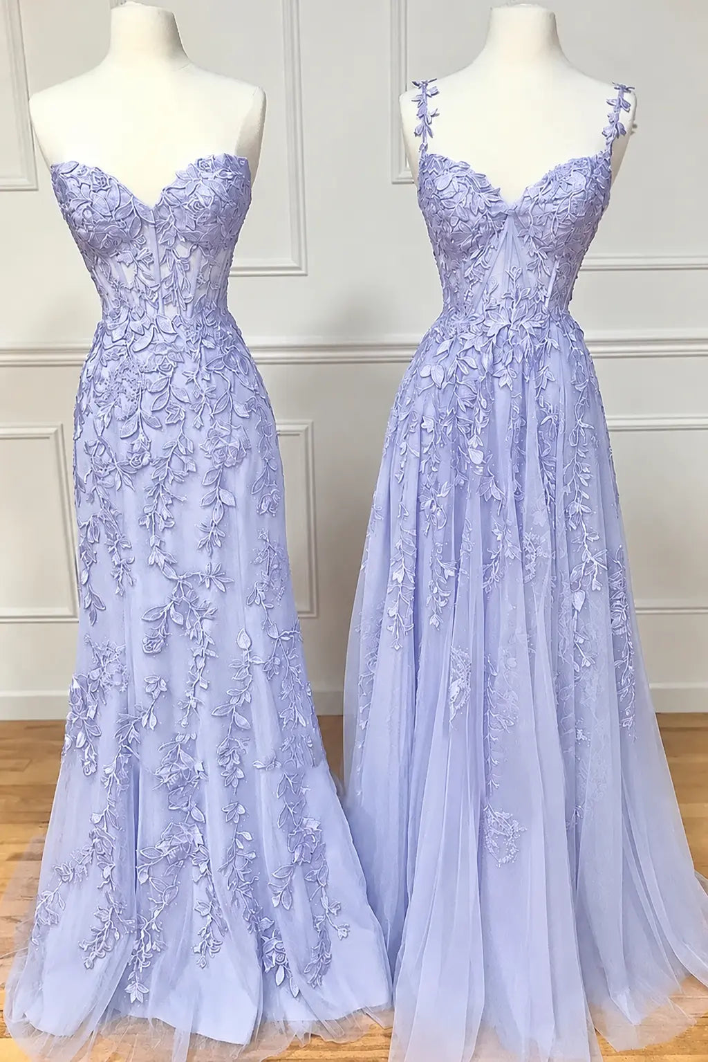 A-line Sweetheart Spaghetti Straps Sweep Train Lace Prom Dress With Beading Kaidress