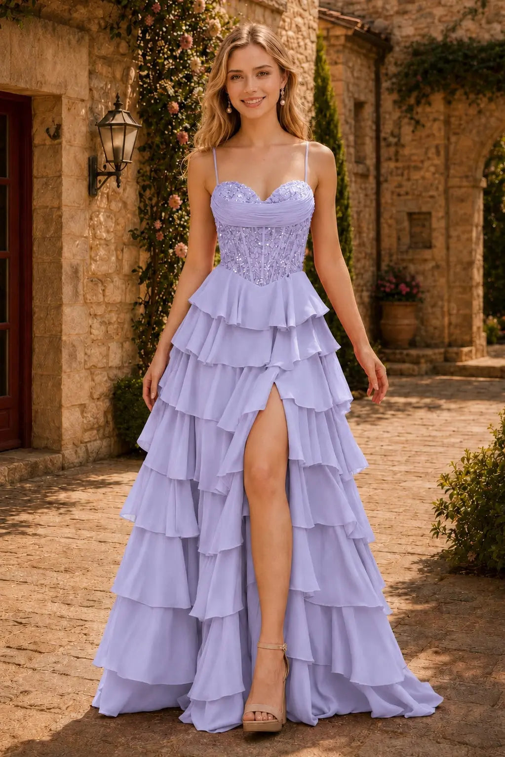 Spaghetti Straps Sweetheart Embellished Corset Chiffon Slit Ruffle Prom Dress with Detachable Straps