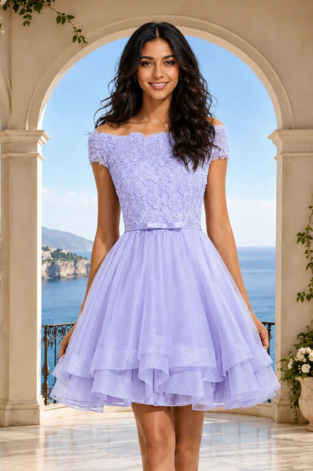 Burgundy Lace Off Shoulder A Line Short Homecoming Dress KAIDRESS
