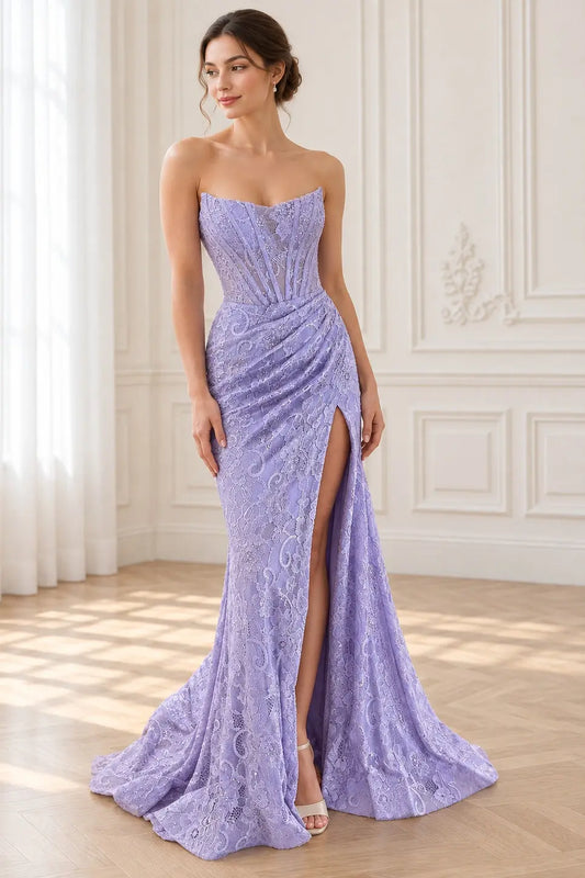 Lavender Lace Strapless Corset Prom Dress with High Slit & Sweep Train