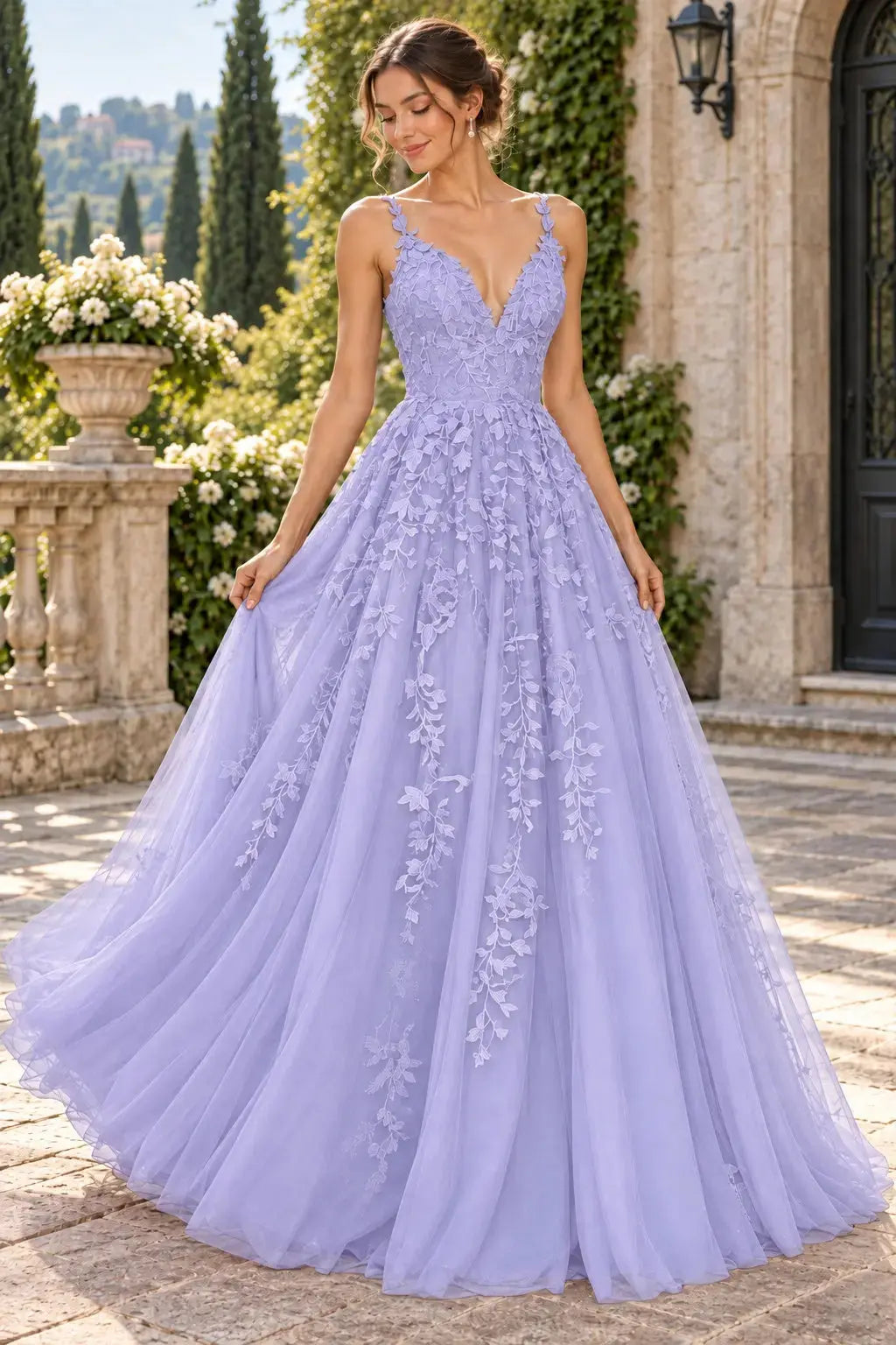 A-Line Lace Prom Dresses Long V Neck Sleeveless Formal Maxi Dress KAIDRESS