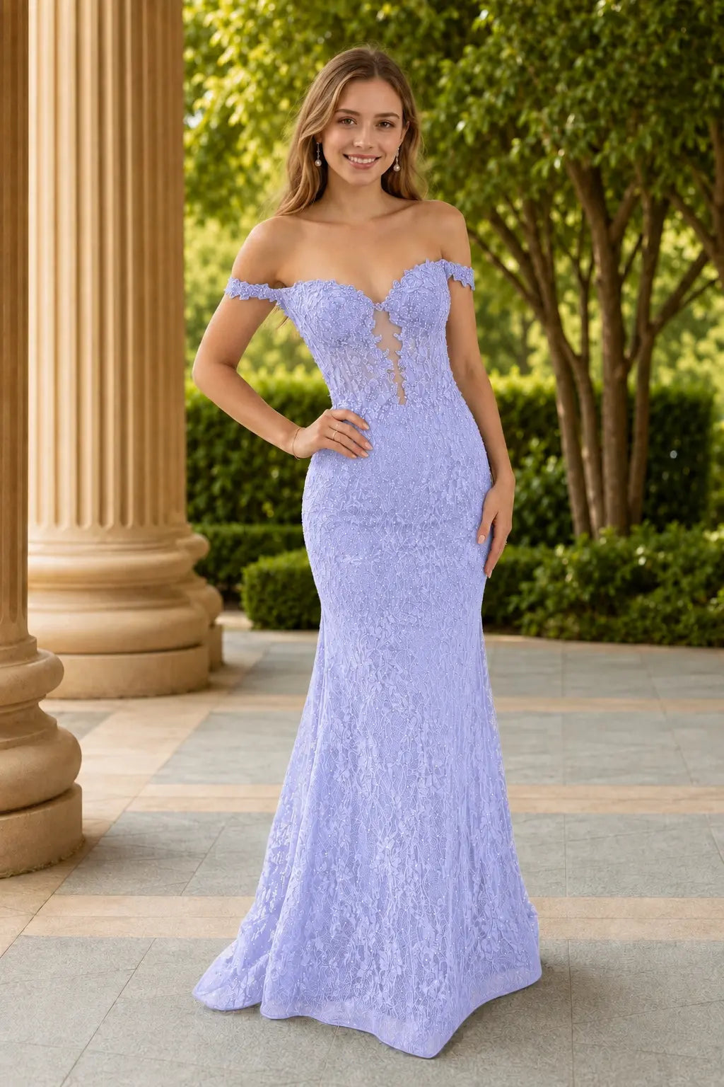 Mermaid Off the Shoulder Navy Lace Prom Dresses Long Evening Dresses KAIDRESS