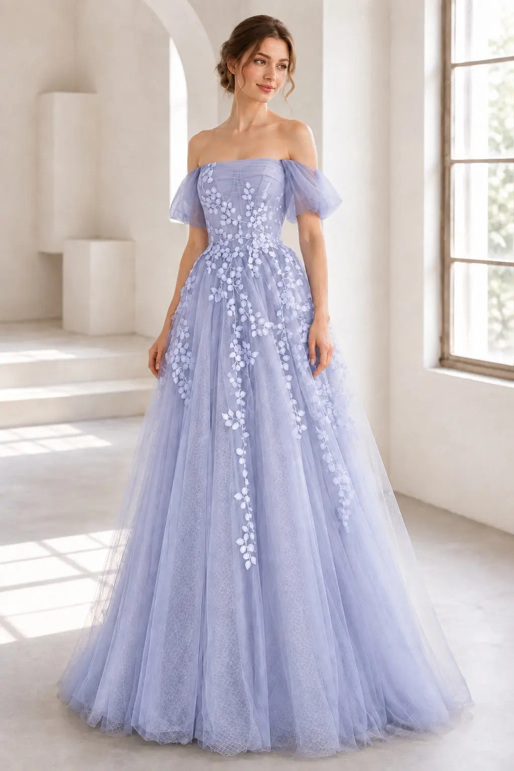 A-Line Tulle Lace Long Prom Dress Off the Shoulder Formal Evening Dress