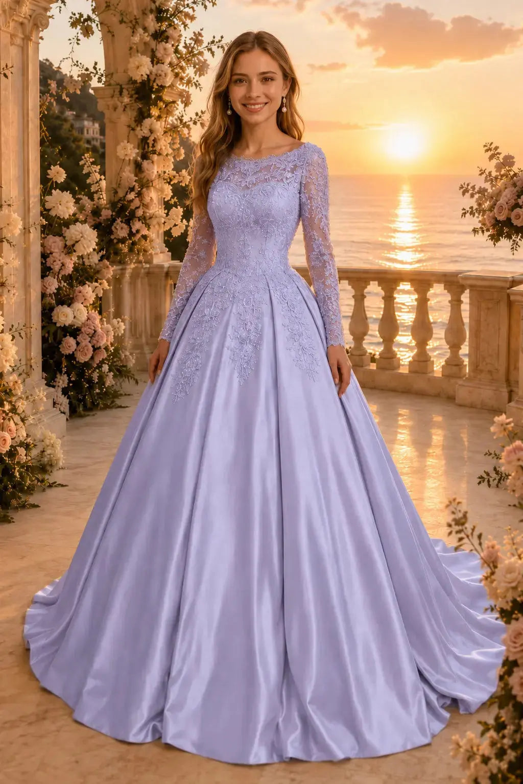 Ball Gown Long Sleeves Off-the-Shoulder Chapel Train Applique Satin Prom Dresses Kaidress