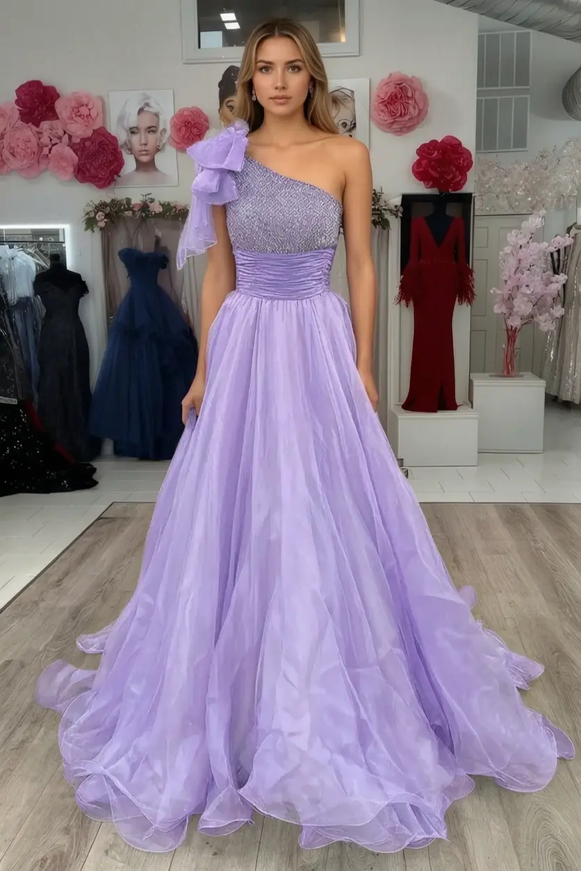 A Line Sparkly Sky Blue One Shoulder Long Prom Dress with Beading KAIDRESS