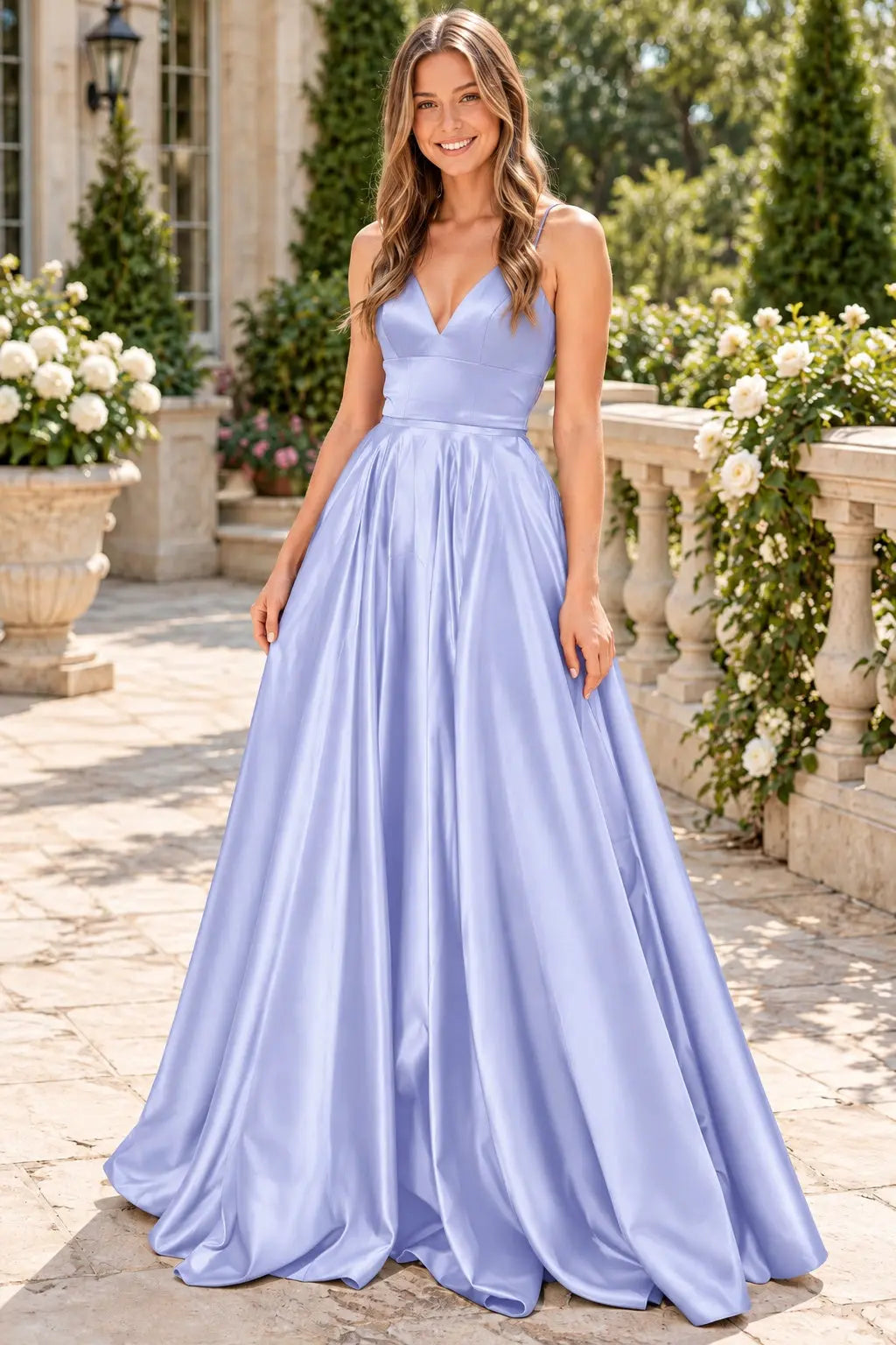 Satin Green Simple Prom Dresses Princess Long V Neck Formal Evening Gowns