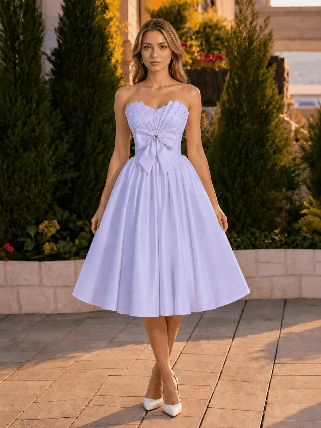 A-line Sweetheart Sleeveless Knee-Length Satin Homecoming Dress with Bow KAIDRESS