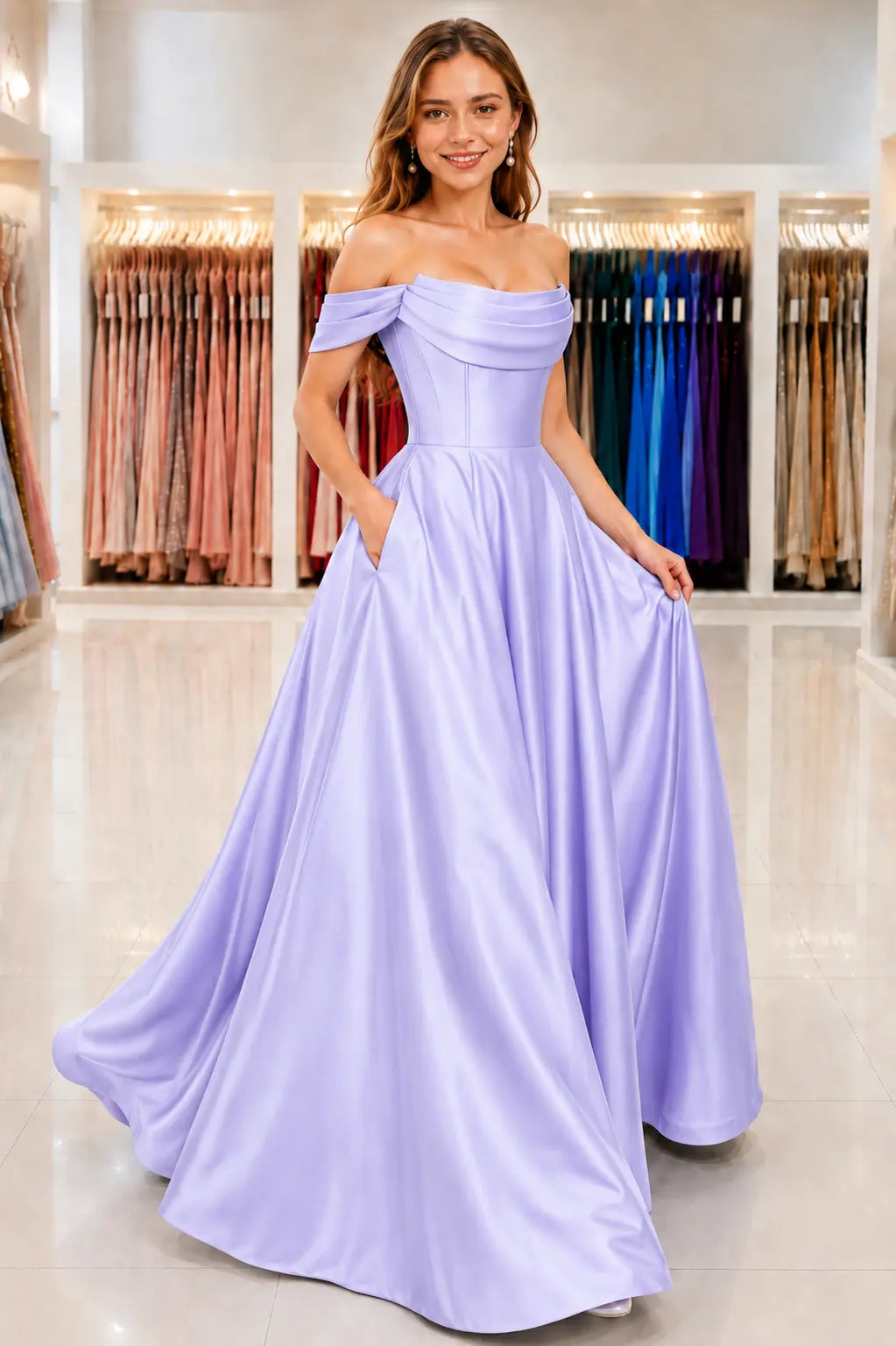 A-Line Satin Long Prom Dress, Simple Off the Shoulder Evening Party Dress With Pockets KAIDRESS