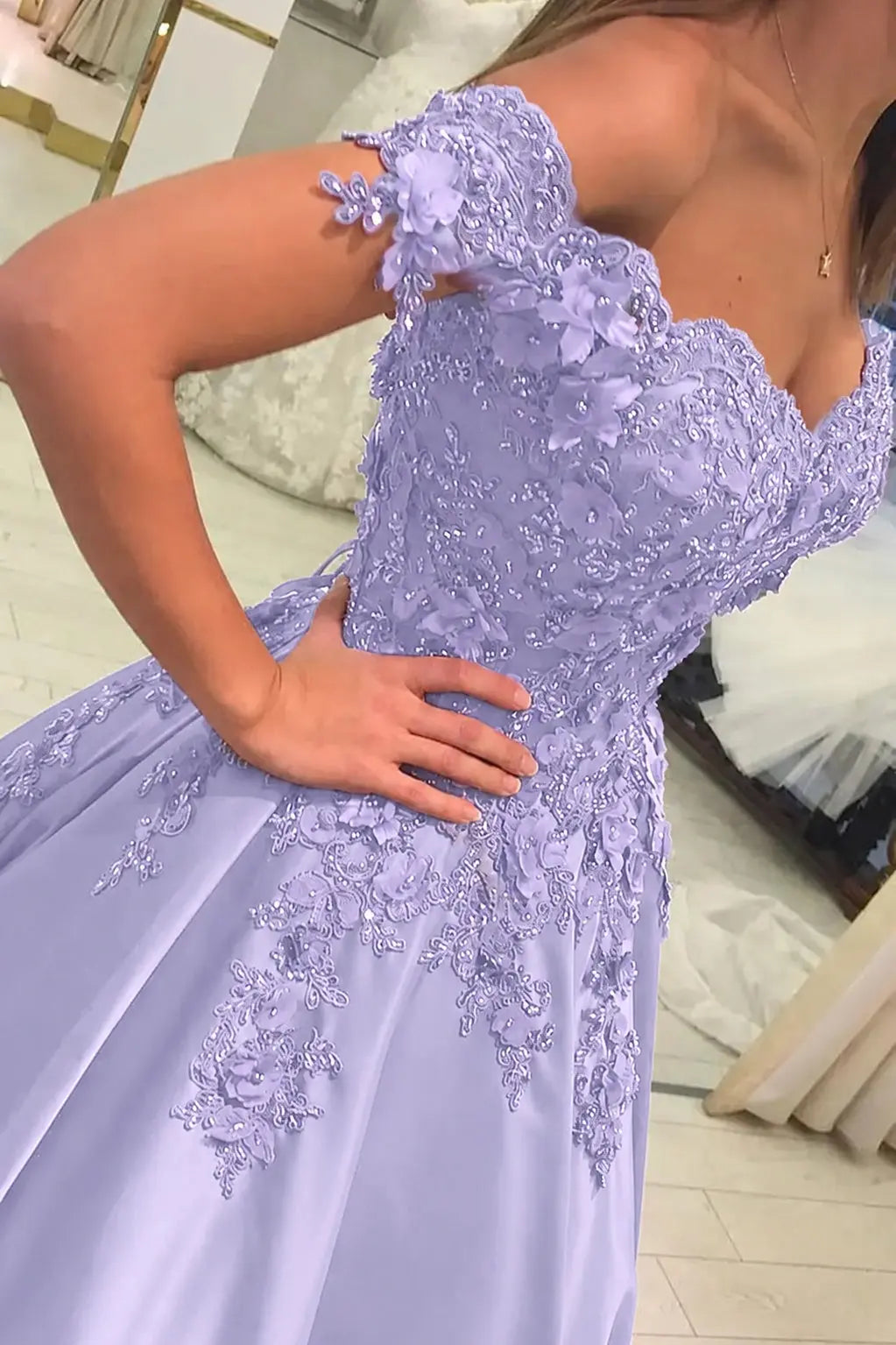 Appliqued Off-The-Shoulder Satin Princess Prom Dress With Beads