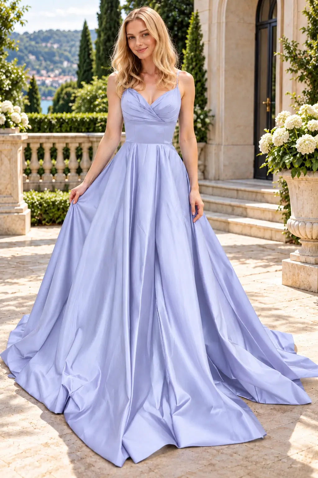 A-line V Neck Sleeveless Court Train Satin Prom Dresses With Bowknot Pleated Waistband