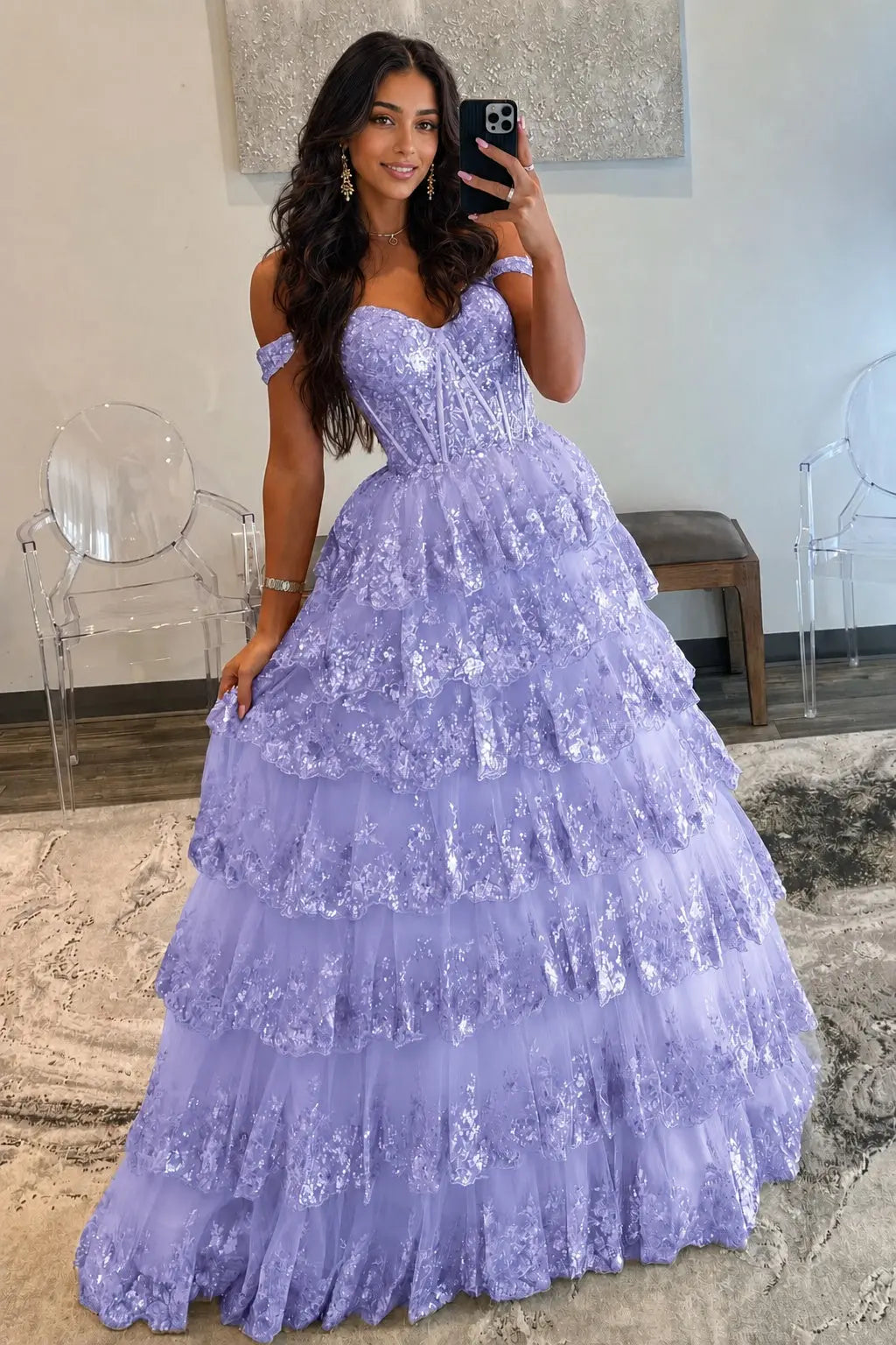 A-Line/Princess Princess Off the Shoulder Sequined Lace Prom Dress KAIDRESS