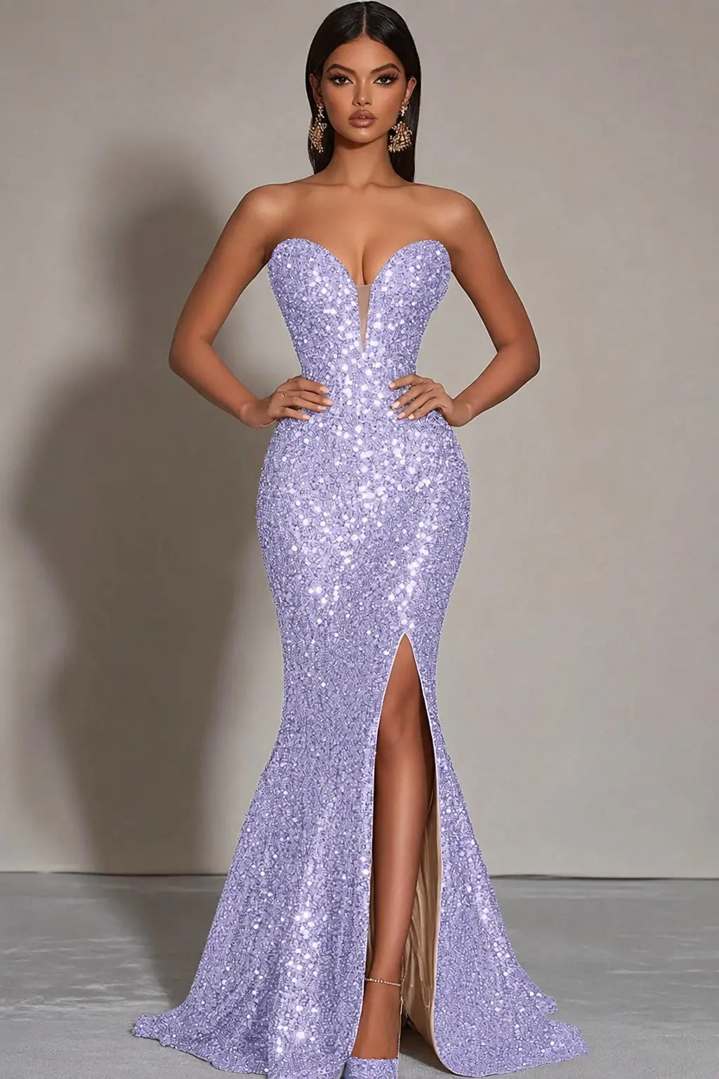 Sparkly Gold Sequins Mermaid Strapless Long Formal Dress with Slit Kaidress