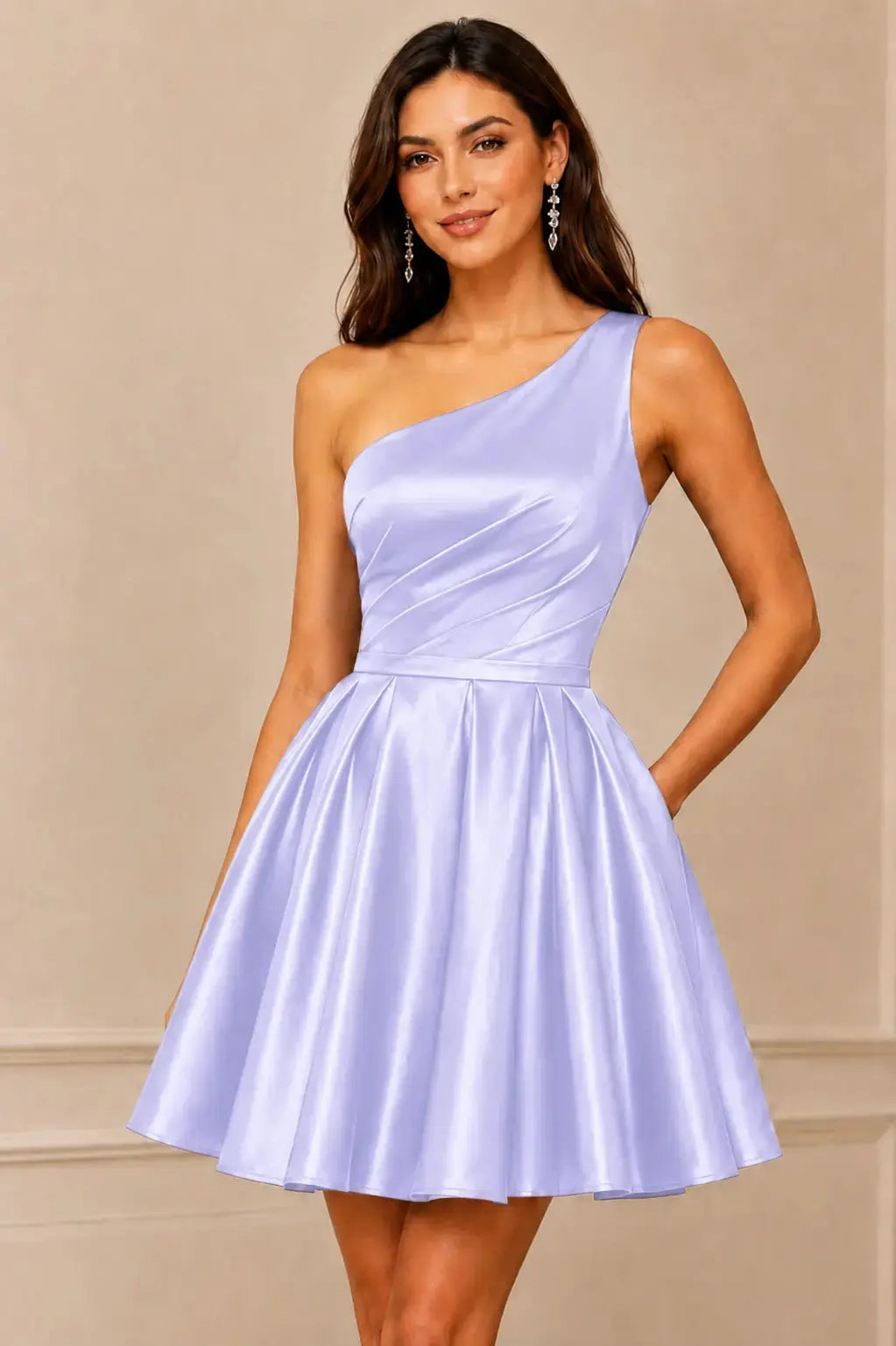 Green One Shoulder Satin Mini A Line Homecoming Dress With Pockets KAIDRESS