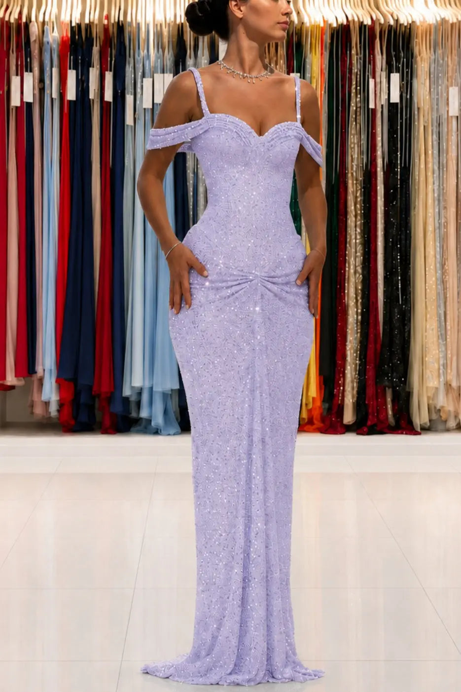 Luxury Sparkly Lace Off-Shoulder Long Beaded Prom Gown with Slender Straps KAIDRESS