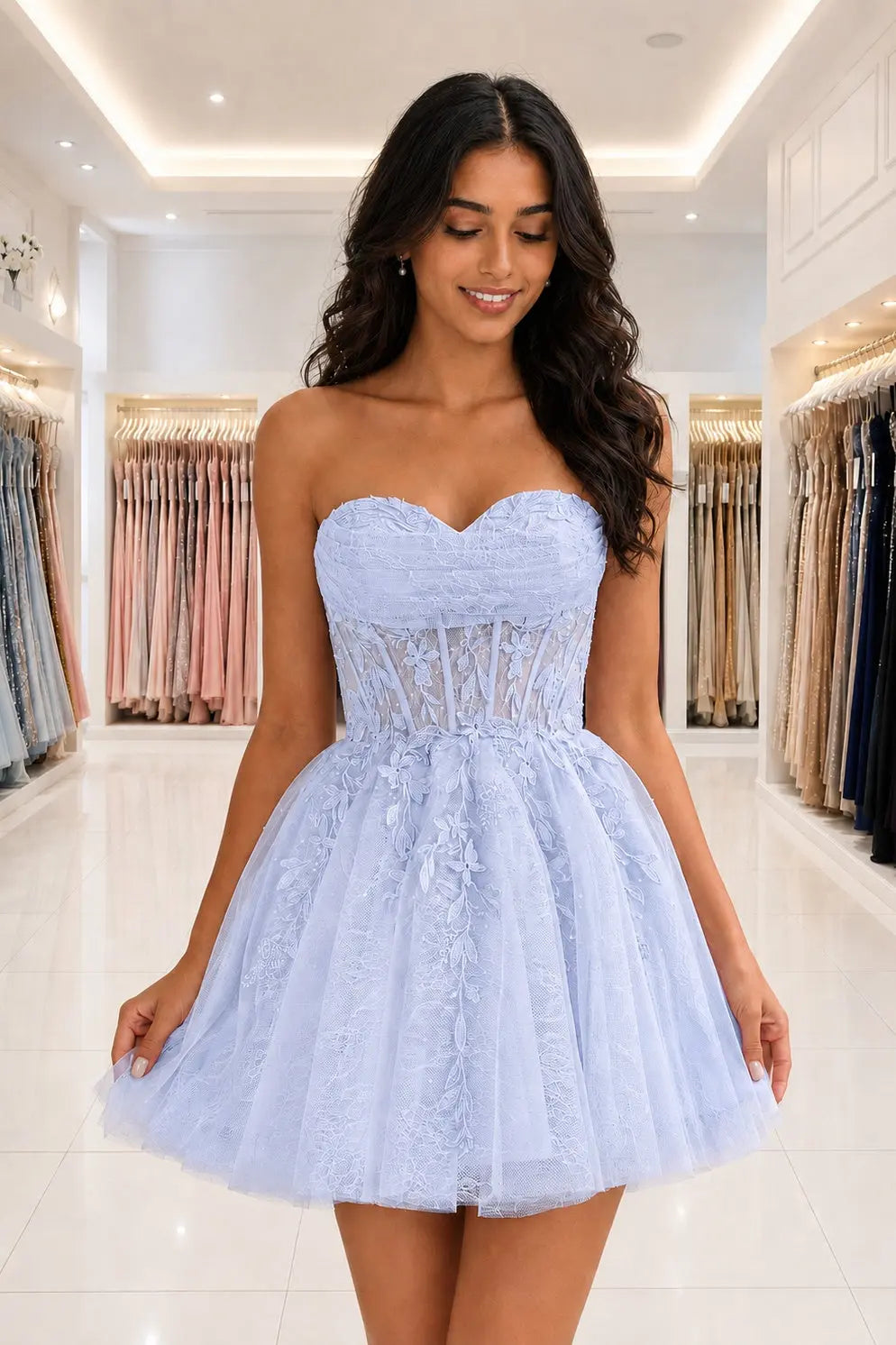 Strapless Beaded Lace Corset A-Line Mini Homecoming Dress KAIDRESS