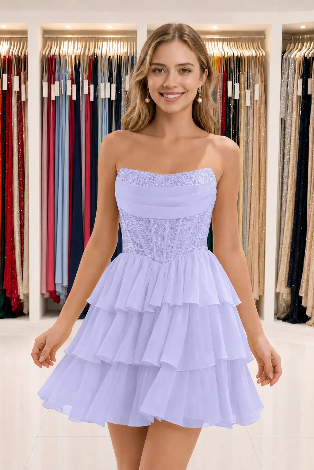 Daffodil Strapless Corset Tiered Ruffle Mini Homecoming Dress With Beading KAIDRESS