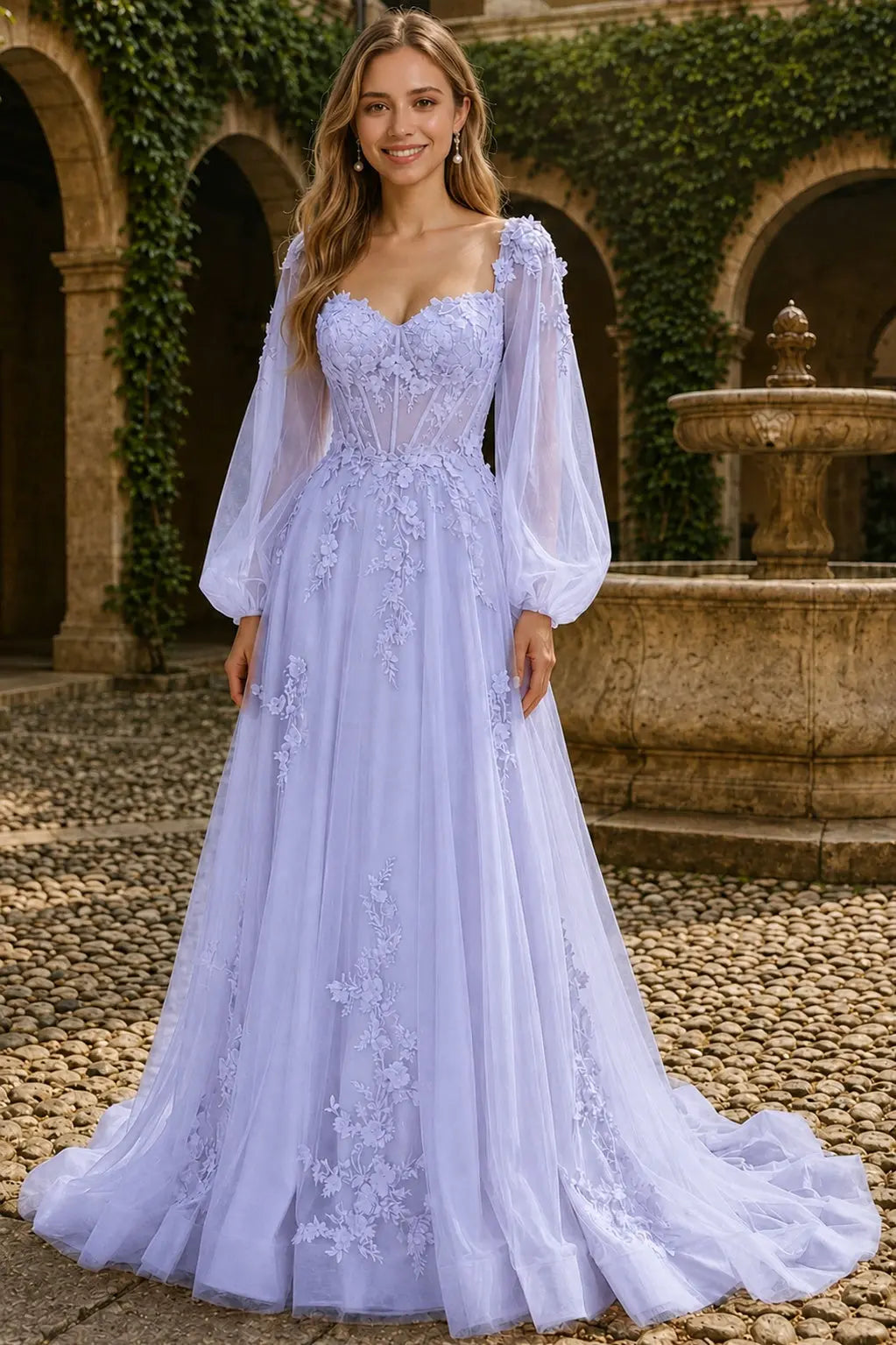 A-line 3D Floral Lace Applique Tulle Long Sleeves Prom Dress