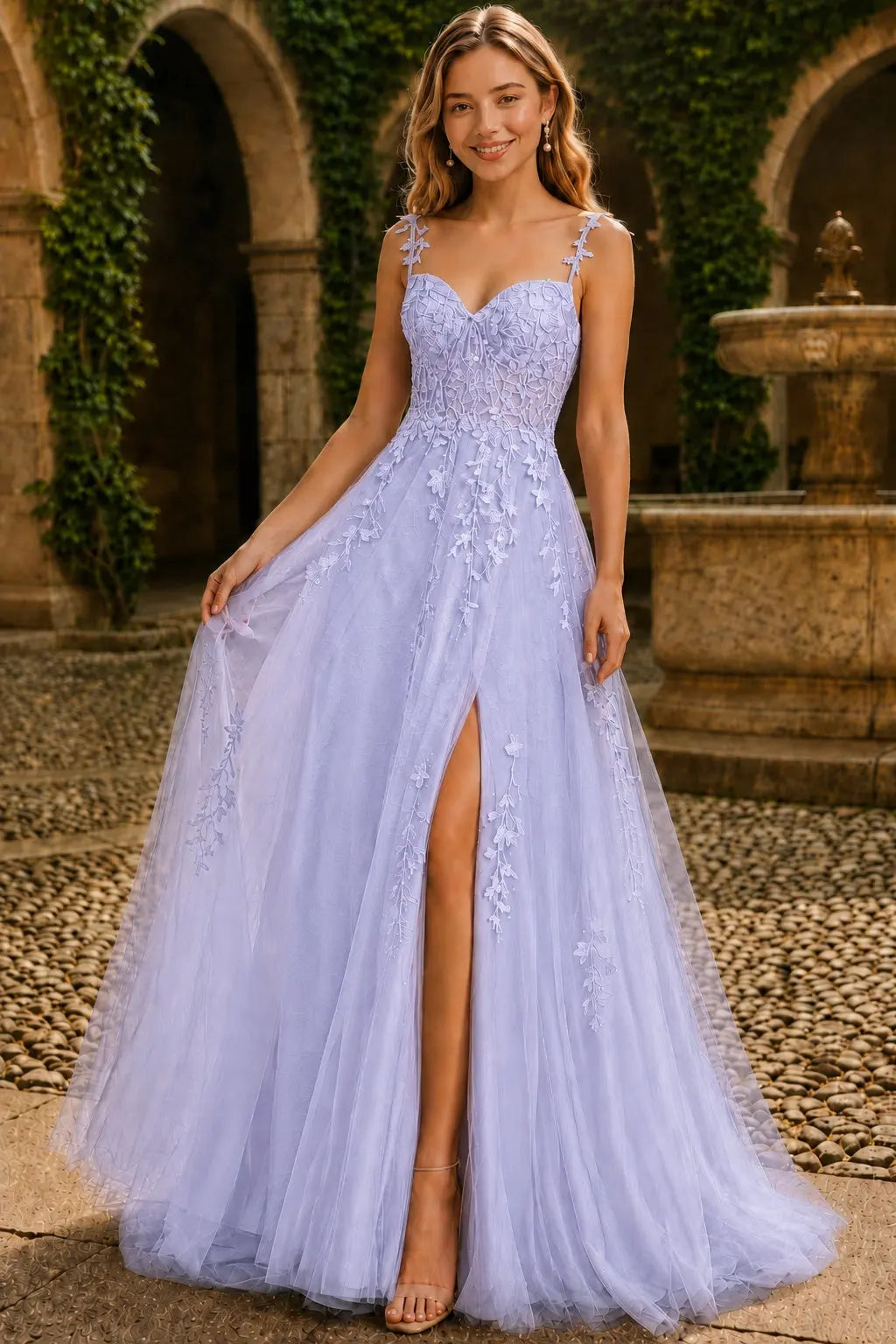 A-line V Neck Sweep Spaghetti Straps Train Tulle Prom Dress with Appliqued Beading