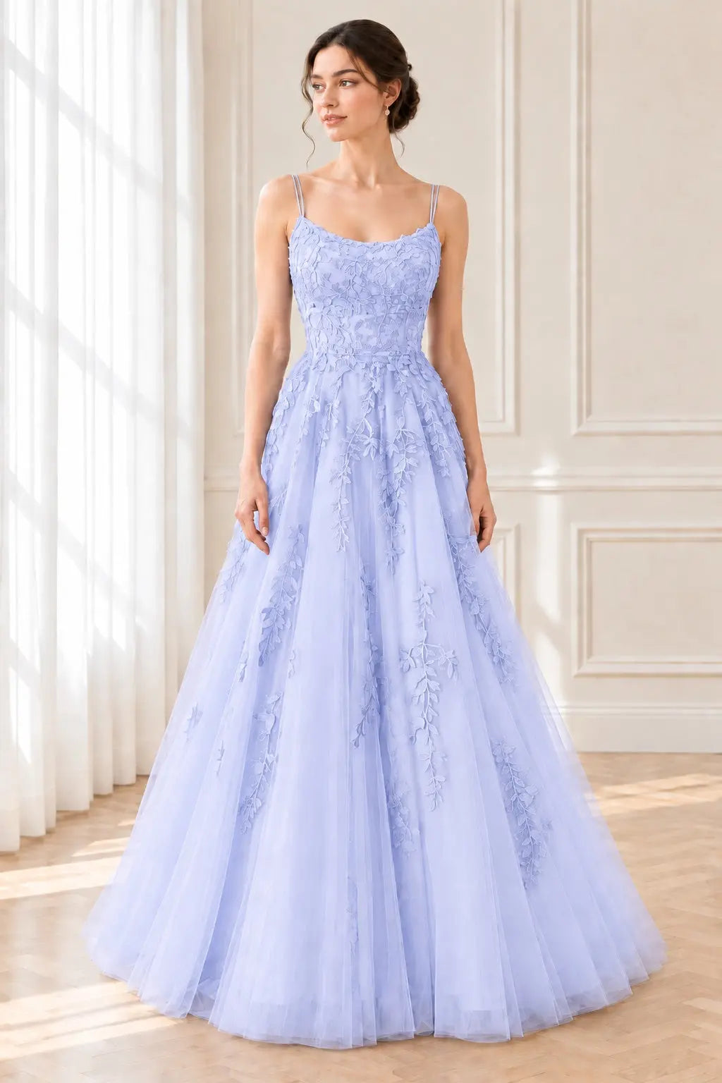 A-Line/Princess Tulle Applique Spaghetti Straps Sleeveless Floor-Length Prom Dresses