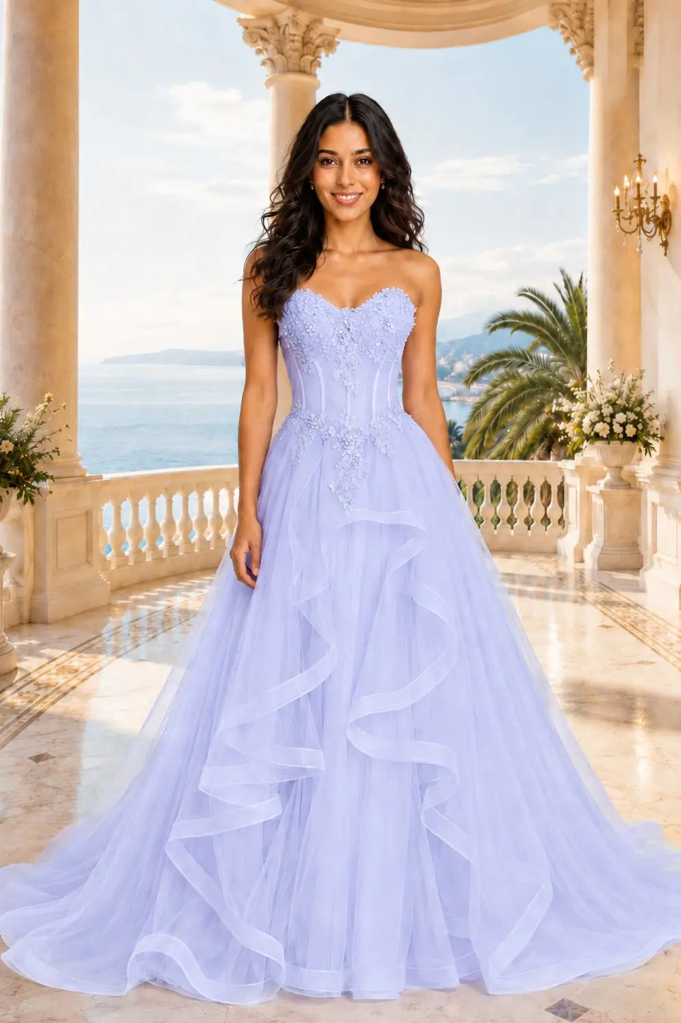 A-line/Princess Sweetheart Sleeveless Sweep Train Tulle Prom Dresses With Beading Appliqued KAIDRESS